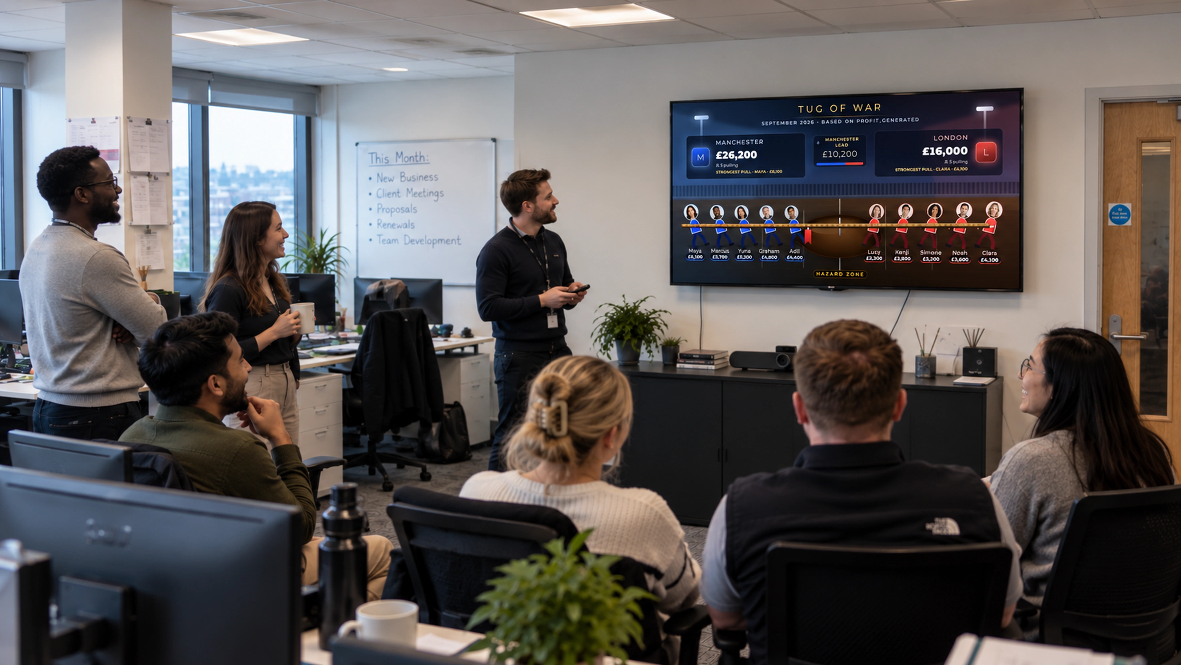 A sales team watching a live SalesGamez competition on an office TV
