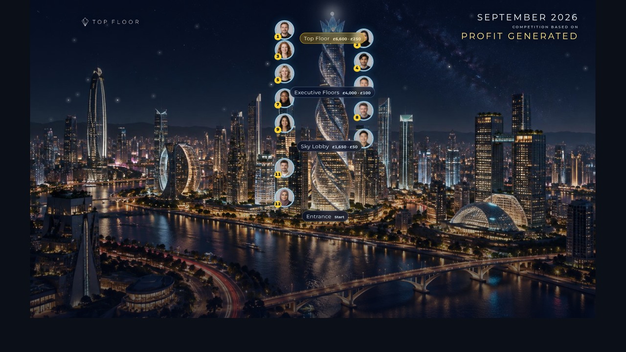 Top Floor live sales leaderboard board climbing a tower