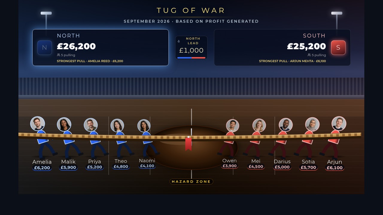 Tug Of War sales competition board with two teams pulling a marker